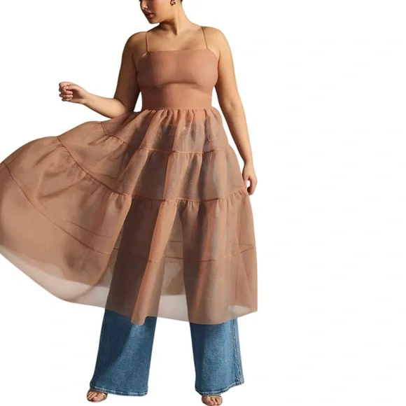 Anthropologie OhSevenDays Sheer Beige Tiered Midi Dress reversible Lucille Dress - Picture 8 of 10